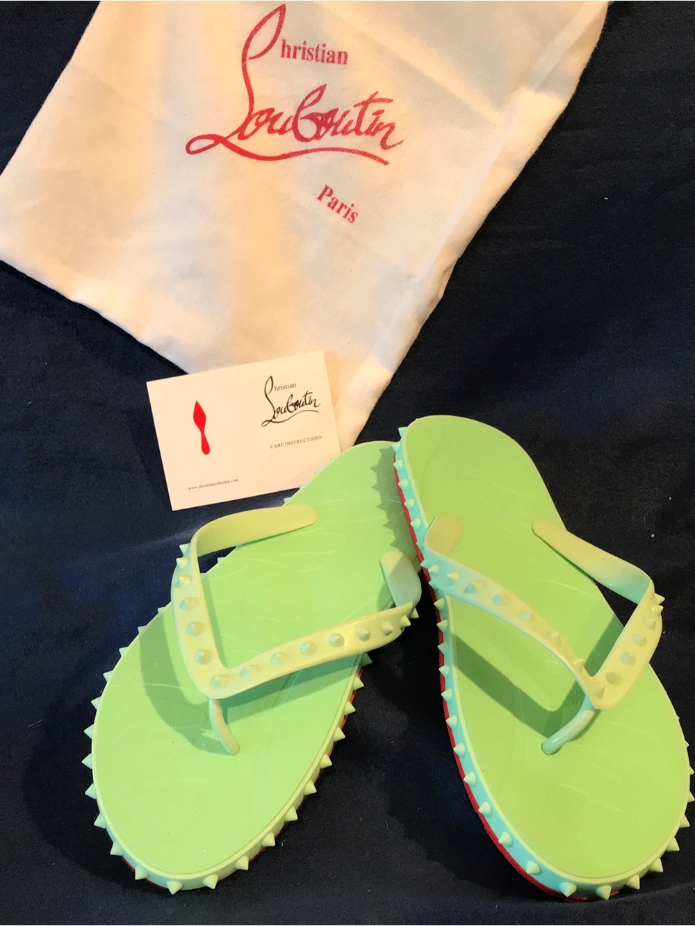 Christian Louboutin Lime Green Studded Flip Flop Sandals - Picture 1 of 5